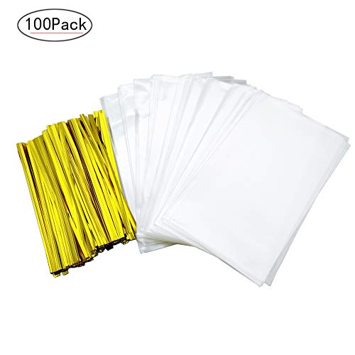 H-Laner 100Pcs Treat Bags 3.2 x4.5 Inches with 100 Pieces Twist Ties 4Inches, OPP Plastic Bags for Bakery Dessert Wedding Cookies,