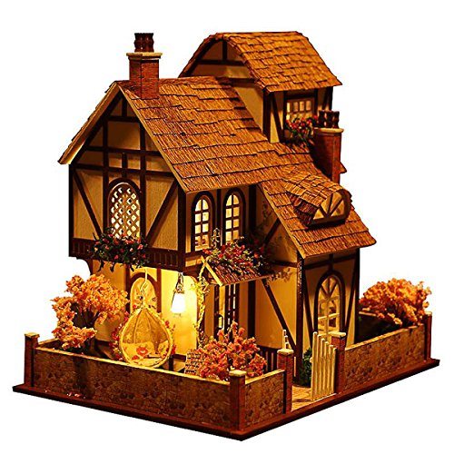 Rylai 3D Puzzles Miniature Dollhouse DIY Kit w/ Light -Flower Town Series Dolls Houses Accessories with Furniture LED Music