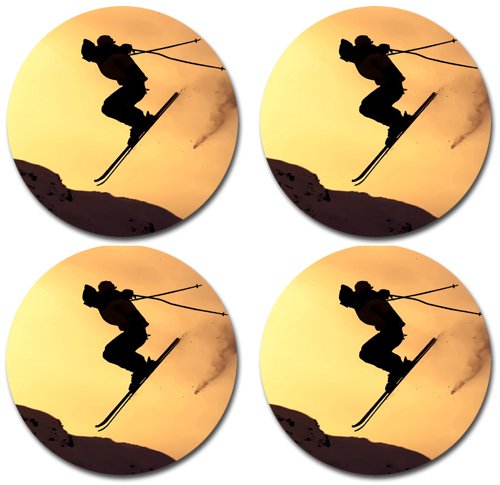 MYDply Snow Skiing Rubber Round Coaster set (4 pack) Great Gift Idea