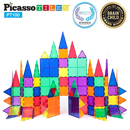 PicassoTiles 100 Piece Set 100pcs Magnet Building Tiles Clear Magnetic 3D Building Blocks Construction Playboards, Creativity
