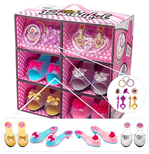 JaxoJoy Shoes and Jewelry Boutique - Little Girl Princess Play Gift Set with 4 Pairs of Shoes, Collection of Earrings, Bracelets