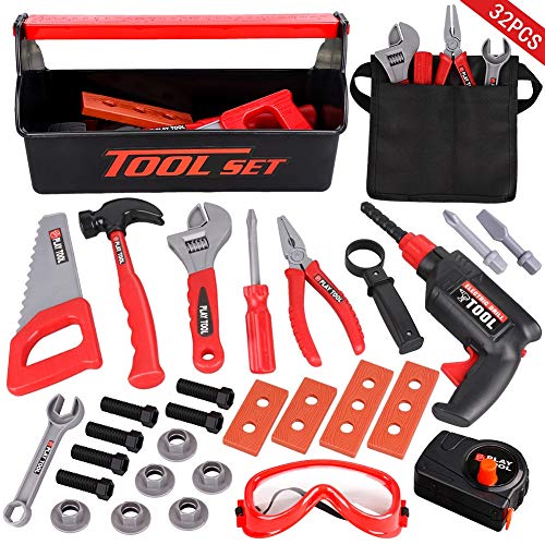 LOYO Kids Tool Set - 32PCS Pretend Play Construction Toy with Tool Box Kids Toolbelt Electronic Toy Drill Construction