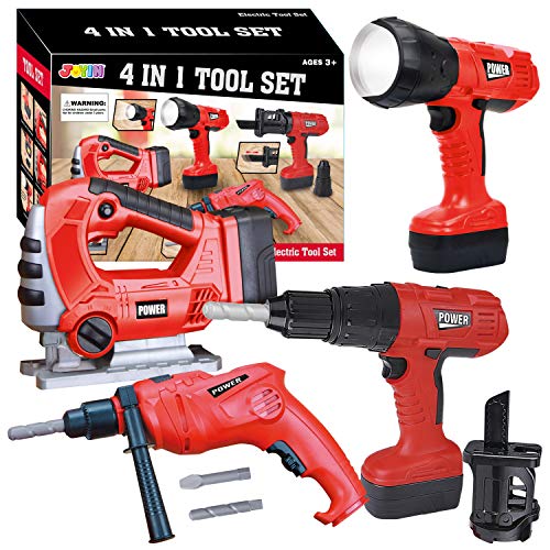 JOYIN 4-in-1 Realistic Construction Work Electric Tool Playset Construction Pretend Play STEM Toy Kit with Working Functions