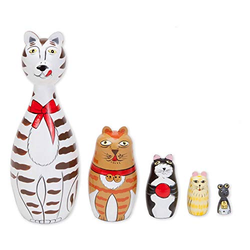 Bits and Pieces - "Cleo & Friends Nesting Cats-Hand Painted Wooden Nesting Dolls Matryoshka - Set of 5 Dolls from 7" Tall