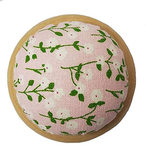 GAMESPFF Round Pin Cushion with Wooden Base and Printed Floral Fabric Coated for Daily Needlework (Pink 1)