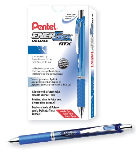 Pentel EnerGel RTX Retractable Gel Ink Pen, Medium Point, Needle Tip, Blue Ink, Box of 12 (BLN77-C)