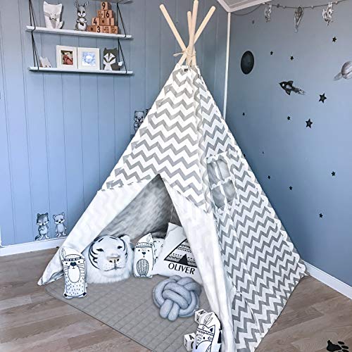 Tiny Land Teepee Tent for Kids with Padded Mat- Play Tent for Boy Girl Indoor & Outdoor, Gray Chevron Heavy Cotton Canvas