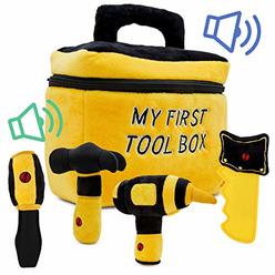 Plush Creations Toy Tool Set For Toddlers | Includes Cuddly Hammer, Handsaw, Screwdriver, Hand Drill, & Zippered Tool Box With Cool Sounds | Sof
