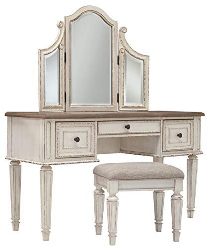 Signature Design by Ashley Vanity and Mirror with Stool, Chipped White
