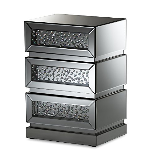 Baxton Studio Stephanie Hollywood Regency Glamour Style Mirrored, 3-Drawer Nightstand, Silver Mirrored