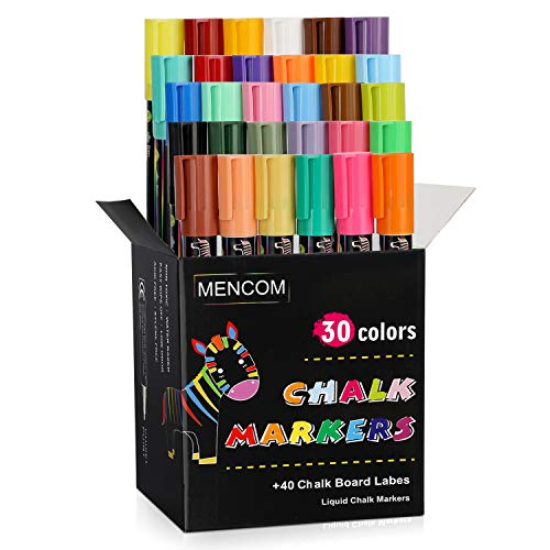 MENCOM Mencom Liquid Chalk Markers, Set of 30 Colored Chalk Pens, For  Whiteboard, Mirrors,Glass, Art, Erasable Chalk Markers for