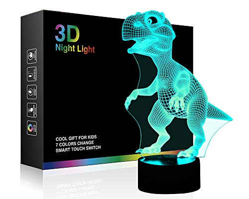 wiscky 3D Children Kids Night Lamp, Dinosaur Toys for Boys, 7 LED Colors Changing Lighting, Touch USB Charge Table Desk Bedroom
