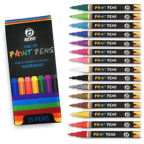 1NMVKNB Beric Premium Paint Pens 15 pack, Water-based, Marker, Fine Tip,  Writes on Almost Anything, Water and Sun Resistant Vibrant