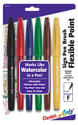 Pentel Arts Sign Pen Touch, Fude Brush Tip, Assorted Colors, Pack of 6 (SES15CBP6M)