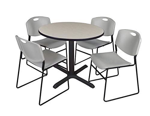 Regency Cain 36" Round Breakroom Table- Maple & 4 Zeng Stack Chairs- Grey