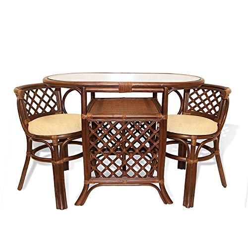 SunBear Furniture Rich Dining Furniture Set 2 Chairs with Cushion Oval Dining Table ECO Rattan Wicker Color Dark Brown
