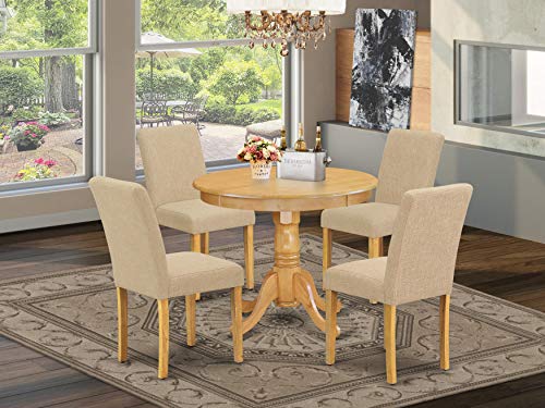 East West Furniture ANAB5-OAK-04 5Pc Round 36" Table And 4 Parson Chair With Oak Leg And Linen Fabric Light Fawn