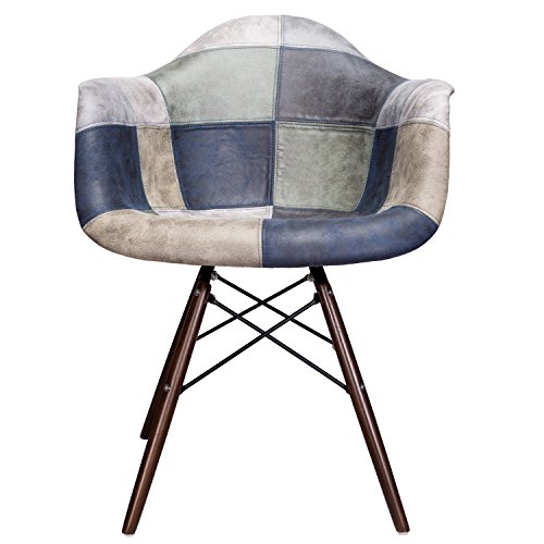 CozyBlock Mooku Blue & Gray Patchwork Leatherette Fabric Upholstered DAW Dining Accent Arm Chair with Dark Walnut Leg