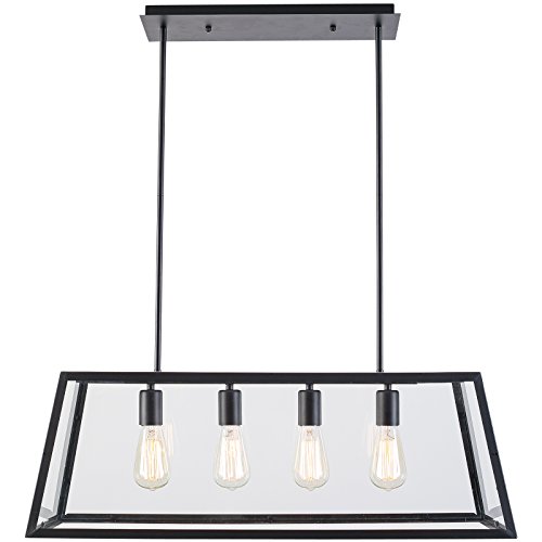 Light Society Morley 4-Light Kitchen Island Pendant, Matte Black Shade with Clear Glass Panels, Modern Industrial Chandelier