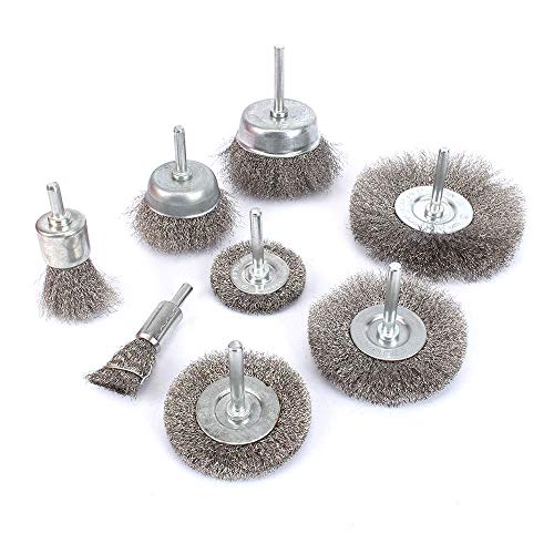 KUOFU 8Pcs Stainless Steel Wire Brushes Wheel kit for Drill with 1/4"shank 0.13mm