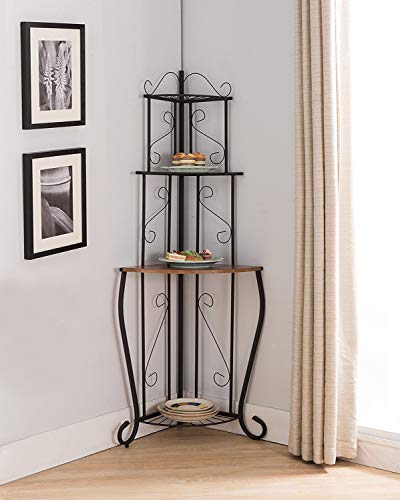 Pilaster Designs Black & Walnut Metal 3 Tier Corner Kitchen Bakers Rack Display Stand Organizer with Storage Shelves