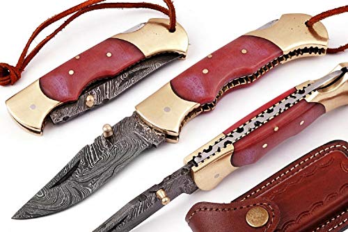 Noshra Wholesale Prime Quality Handmade Damascus Steel Red Bone Handle Folding Top lock Pocket Knife/Case 8" Overall