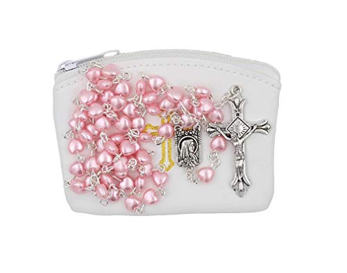 Christian Living Pink Pearlized Finish Heart Bead Rosary with White Zippered Rosary Case