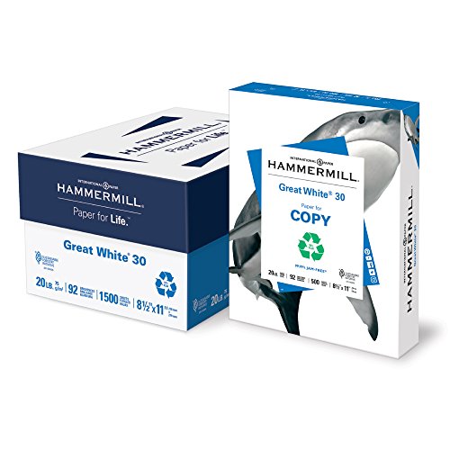 086820C Hammermill Paper, Great White 30% Recycled Printer Paper, 8.5 x 11  Paper, Letter Size, 20lb, 92 Bright, 3 Ream Case / 1,500