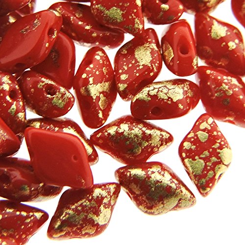 GemDuo Czech Glass GemDuo Beads, 2-Hole Diamond Shaped Beads 5x8mm, 10 Grams, Gold Splash Opaque Red