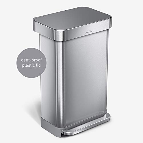 simplehuman 45 Liter Rectangular Kitchen Step Soft-Close, Brushed Stainless Steel with Plastic Lid Hands-Free Trash Can