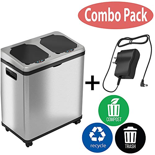 iTouchless 16 Gallon Touchless Trash Can and Recycle Bin Combo Unit Adapter, 2 X 8 Gallon Removable Buckets with Handles, 61