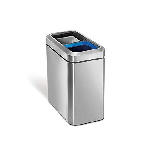 simplehuman 20 Liter / 5.3 Gallon Commercial Stainless Steel Slim Open Trash Can Dual Compartment, Brushed Stainless Steel