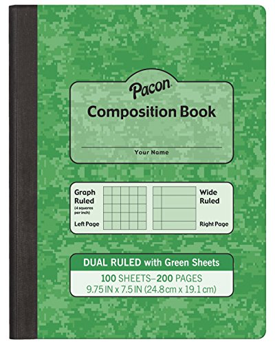 Pacon Dual Ruled composition Book, green, 14 grid & 38 Wide Ruled 9-3 4 x 7-12, 100 Sheets