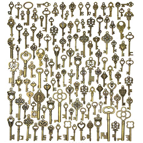 jialeey 125 PCS Vintage Skeleton Key Set Charms, JIALEEY Mixed Antique Style Bronze Brass for Pendant DIY Jewelry Making Wedding Party F
