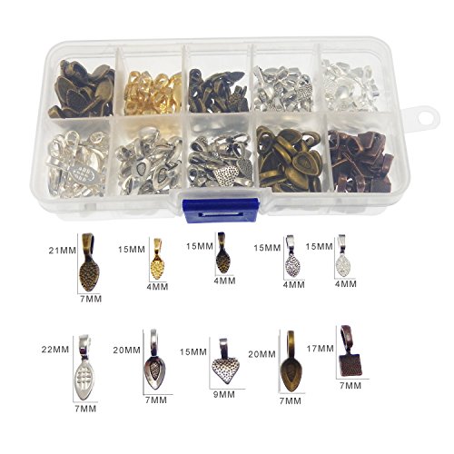 Julie Wang 200pcs Mixed 10 Styles Tibetan Silver Bronze Gold Glue on Bail Tag for Jewelry Making Crafting