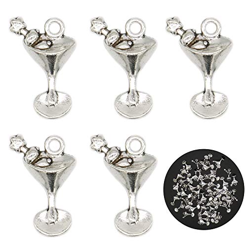 HANJIAONI 50 Pcs Antique Silver Martini Daquiri Glasses Charms Pendant,Alloy Wine Glass Pendant for Jewelry Making