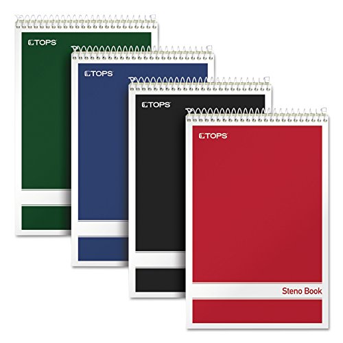 TOPS Steno Books, 6" x 9", Gregg Rule, Green Tint Paper, Assorted Color Covers, 80 Sheets, 4 Pack (80221)