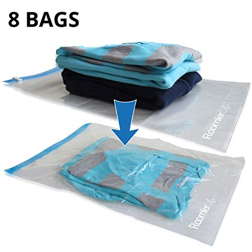 RoomierLife 8 Travel Space Saver Bags. Pack of 8 Bags, size Medium to Large. Roll-Up Compression Storage (No Vacuum Needed) &