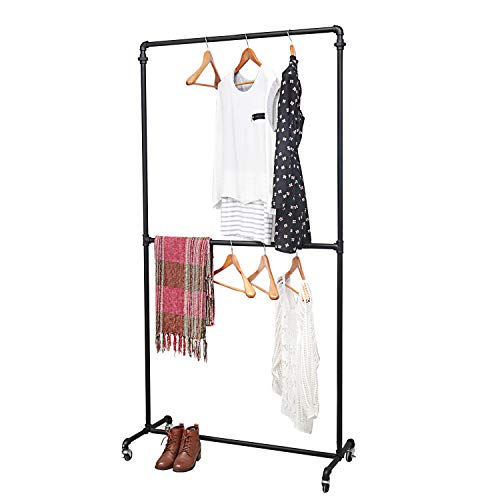 MBQQ Industrial Pipe Clothing Racks on Wheels Double Hanging Rod Metal Clothing Rack,Heavy Duty Commercial Display Garment
