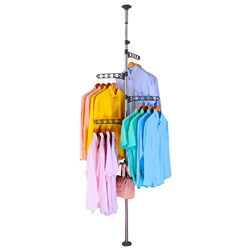 BAOYOUNI 4-Tier Standing Clothes Laundry Drying Rack Coat Hanger Organizer Floor to Ceiling Adjustable Metal Corner Tension