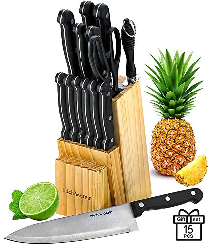 Kitch N' Wares Knife Set With Wooden Block - 15 Piece Set Includes Chef Knife, Bread Knife, Carving Knife, Utility Knife, Paring Knife,