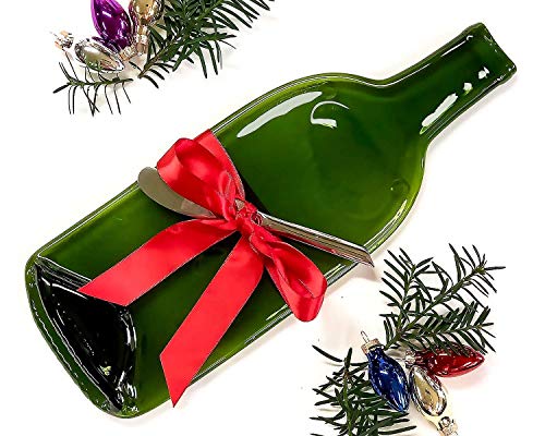Mitchell Glassworks Melted Green Glass Wine Bottle Cheese Serving Tray with Cheese Spreader and Red Ribbon, Unique Christmas Gift by Mitchell
