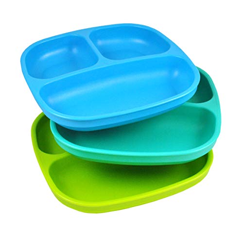 Re Play Re-Play Made in USA 3pk Divided Plates with Deep Sides for Easy Baby, Toddler, Child Feeding - Sky Blue, Aqua & Green (Under