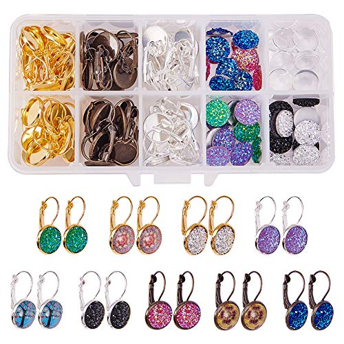 SUNNYCLUE 1 Box DIY 24 Pairs 3 Color Druzy Cabochon Leverback Earrings Making Starter Kit 48pcs Lever Back Hoop Bezel Earring