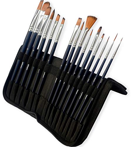 MozArt Supplies Watercolor Paint Brush Set - 15 Assorted Synthetic Hair Paint Brushes - Includes Portable Case with Brush
