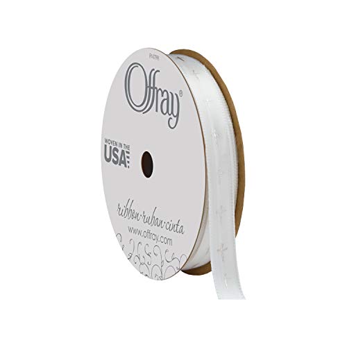 Offray, White & Silver Simple Cross Craft Ribbon, 3/8-Inch x 15-Feet