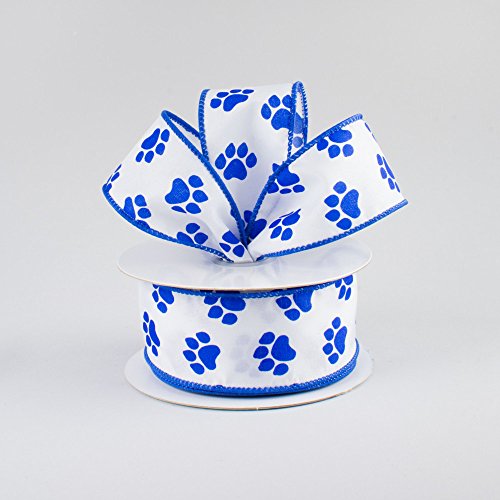 Expressions White Satin with Blue Paw Prints 1.5" Wired Paw Print Ribbon 10 Yards / 30 Feet of 1.5 inch Wire Edged Paw Print Ribbon