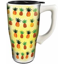 Spoontiques 12803 Pineapples Ceramic Travel Mug, Yellow/White