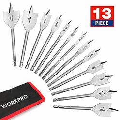WORKPRO 13-Piece Spade Drill Bit Set in SAE, Paddle Flat Bits for Woodworking, Nylon Storage Pouch Included