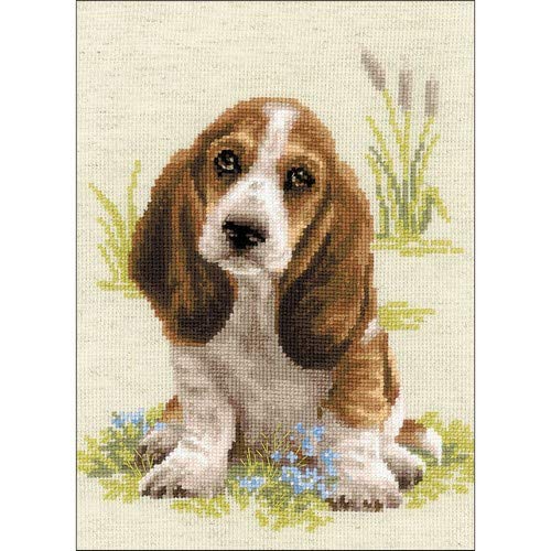 RIOLIS 1578 - Basset Hound Puppy - Counted Cross Stitch Kit 10" x 15" 10 Count Flaxen AIDA 23 Colors